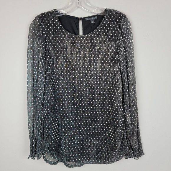 Adrianna Papell Black Silver Polka Dots Metallic Crepe Chiffon Long Sleeve Top S - Picture 1 of 11